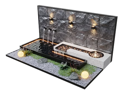 Water Feature Wall With Flowing Streams Lighting Stone And Greenery Decor 3d model