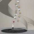 Spiral Staircase Design With Hanging Cube Decor Red Balloon Figurine Round Platform 3d model