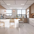 Modern Living and Dining Room With Open Concept Wooden Sofa Coffee Table Large Windows Plant