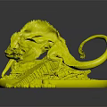 Red Orange Mythical Creature With Fins Long Tail On Green Glowing Base And Bridge Structure