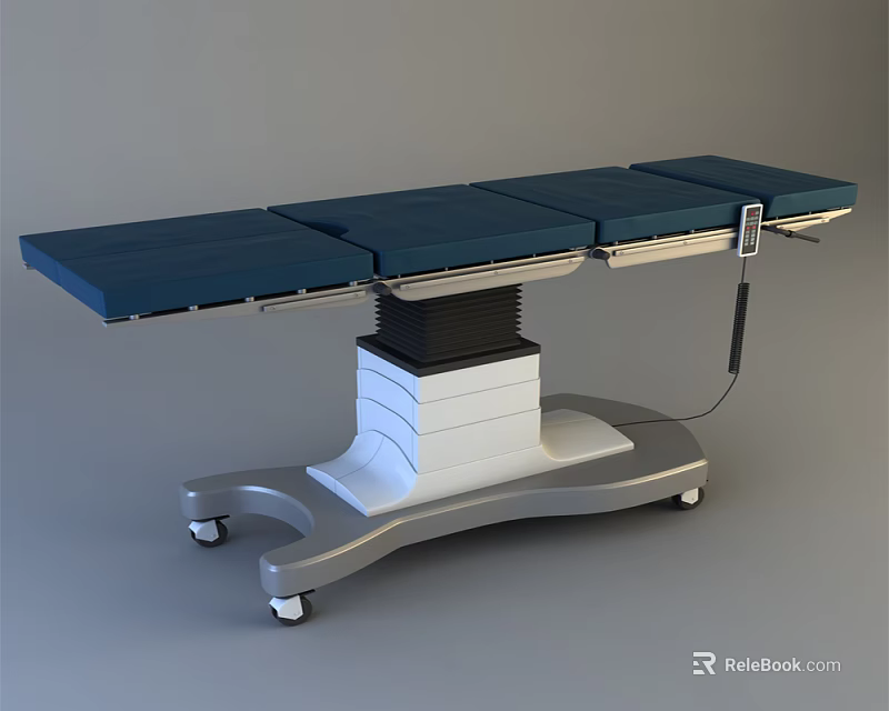 Medical Equipment Professional Adjustable Surgical Table with Blue Mattress Stable White Base on Rolling Casters 3d model 