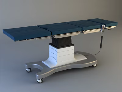 Medical Equipment Professional Adjustable Surgical Table with Blue Mattress Stable White Base on Rolling Casters 3d model