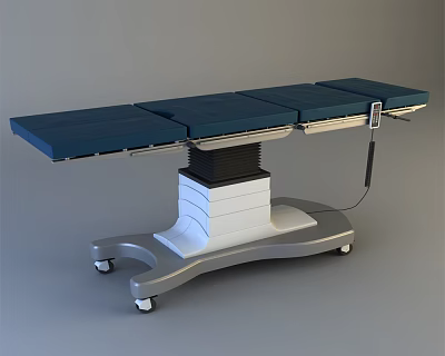 Medical Equipment Professional Adjustable Surgical Table with Blue Mattress Stable White Base on Rolling Casters 3d model