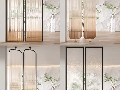 Modern Glass Room Divider With Black Metal Frame And Green Plant Decor 3d model