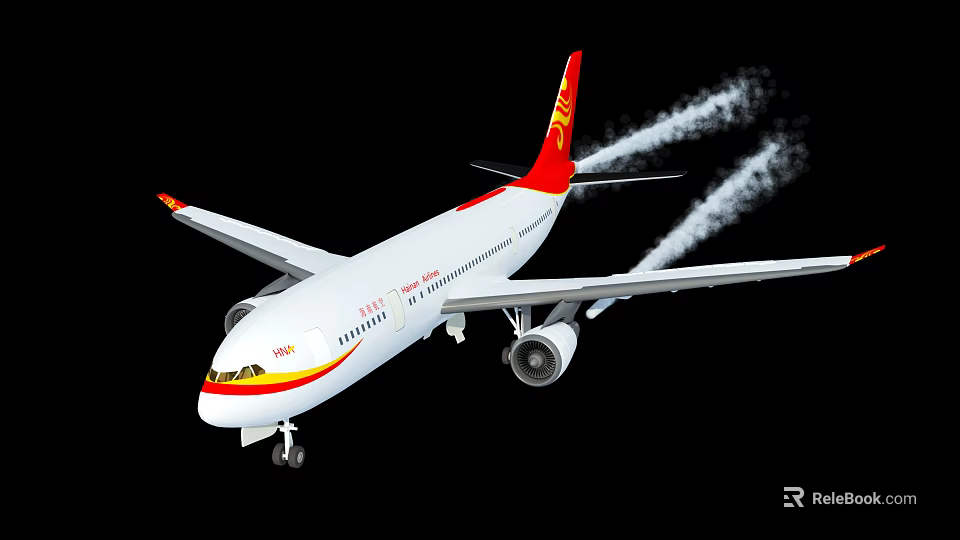 White Passenger Plane With Red Yellow Tail Flying With Contrails And Landing Gear 3d model 