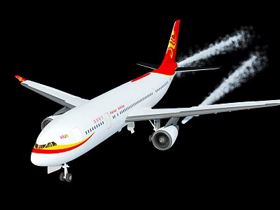 White Passenger Plane With Red Yellow Tail Flying With Contrails And Landing Gear 3d model