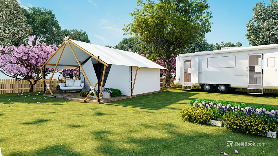 Scenic Garden Landscape With Tented Structure Camper Van Green Lawn Trees And Flower Beds 3d model 