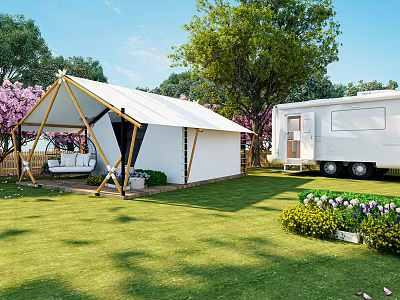 Scenic Garden Landscape With Tented Structure Camper Van Green Lawn Trees And Flower Beds 3d model