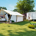 Scenic Garden Landscape With Tented Structure Camper Van Green Lawn Trees And Flower Beds