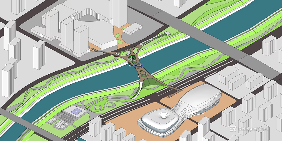 Modern Landscape Bridge Over River Connecting Green Space and Urban Buildings 3d model 