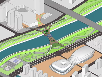 Modern Landscape Bridge Over River Connecting Green Space and Urban Buildings 3d model
