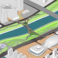 Modern Landscape Bridge Over River Connecting Green Space and Urban Buildings