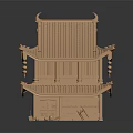 Cartoon Scene of Traditional Chinese Two Story Wooden Architecture With Curved Eaves And Lanterns