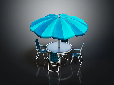 Outdoor Round Table Set With Blue Striped Umbrella And Metal Chairs 3d model