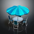 Outdoor Round Table Set With Blue Striped Umbrella And Metal Chairs