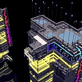 Future Architecture Design With Illuminated Lines Neon Signs And Water Reflections