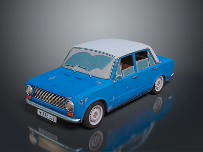 Classic Blue Vintage Sedan With White Roof On Reflective Surface 3d model
