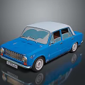 Classic Blue Vintage Sedan With White Roof On Reflective Surface