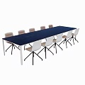 Long Rectangular Conference Table With Dark Blue Top White Frame And Beige White Chairs 3d model