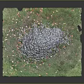 Stone Gravel Pile In Square Green Grass Area With Scattered Leaves And Small Stones