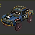 Blue Off Road Toy Truck With RT3 HTB Logos Orange Accents And Roof Spotlights