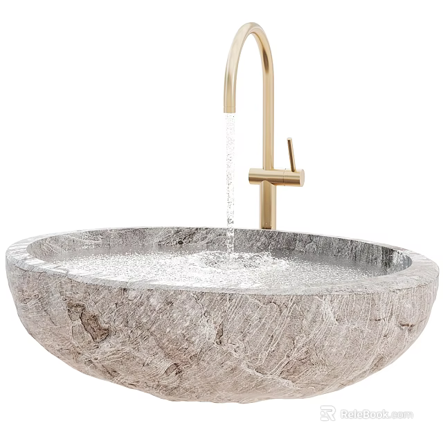 Elegant Round Marble Washbasin With Golden Faucet And Flowing Water Texture 3d model 