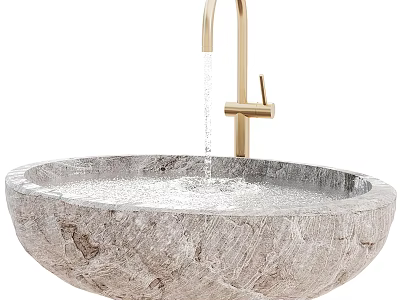 Elegant Round Marble Washbasin With Golden Faucet And Flowing Water Texture 3d model