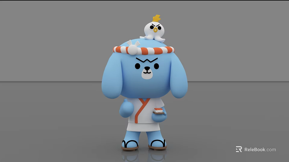 Blue Dog Plush Toy in Kimono Outfit Holding Red Bowl with White Bird Headband 3d model 