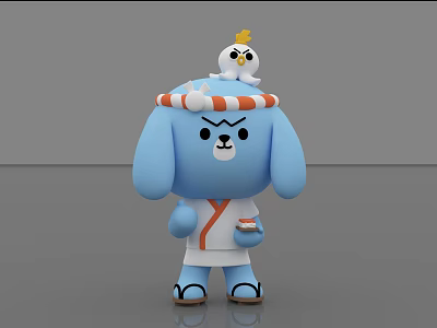 Blue Dog Plush Toy in Kimono Outfit Holding Red Bowl with White Bird Headband 3d model