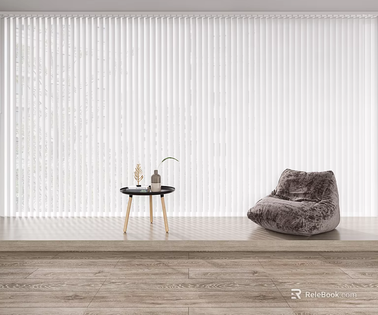 White Venetian Blinds in Living Room Interior with Small Table Bean Bag Chair and Wooden Floor 3d model 
