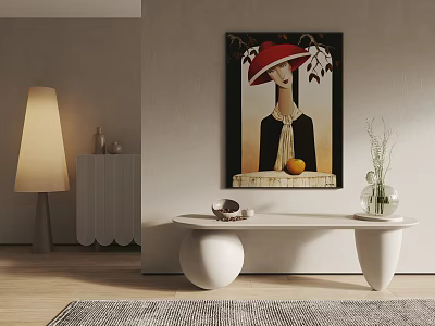 Stylish Portrait Painting Featuring Red Hat Figure With White Table Table Lamp And Vase 3d model