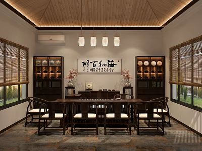 Traditional Chinese Teahouse Interior With Wooden Ceiling Lanterns Tea Shelves And Bamboo Blinds 3d model
