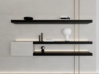 Modern Black Wall-Mounted Shelves with LED Lighting Decorative Items Books and White Cabinet 3d model