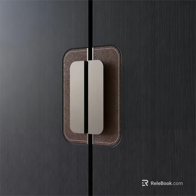 Sleek Modern Metal Handle with Leather Trim on Black Door Panel 3d model 
