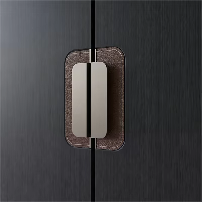 Sleek Modern Metal Handle with Leather Trim on Black Door Panel 3d model