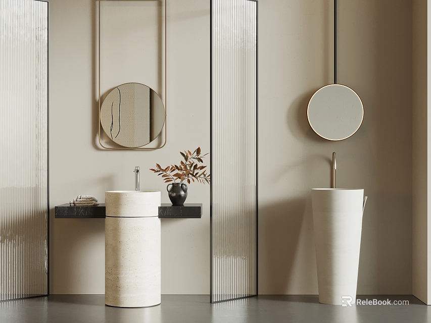 Pedestal Washbasins in Light Colored Bathroom with Round Mirrors Glass Partitions and Decorative Plants 3d model 