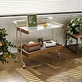 Modern Side Table with Transparent Top Wooden Shelf Metal Frame on Wheels Living Room