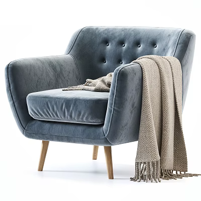 Blue Velvet Single Seater Sofa With Button Tufted Design And Wooden Legs 3d model