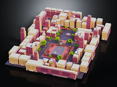 Urban Building Complex Layout With Central Square And Green Trees 3d model