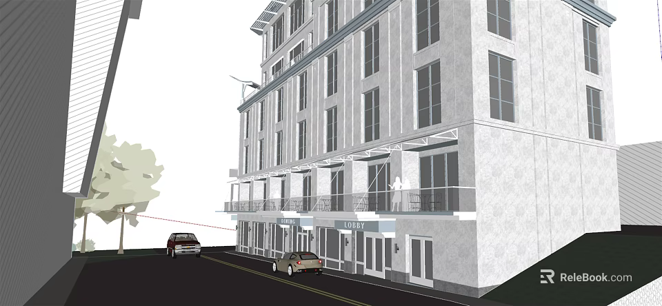 Commercial Street Featuring Multi Story Building Ground Floor Shops Balconies And Street Cars 3d model 