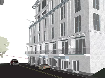 Commercial Street Featuring Multi Story Building Ground Floor Shops Balconies And Street Cars 3d model