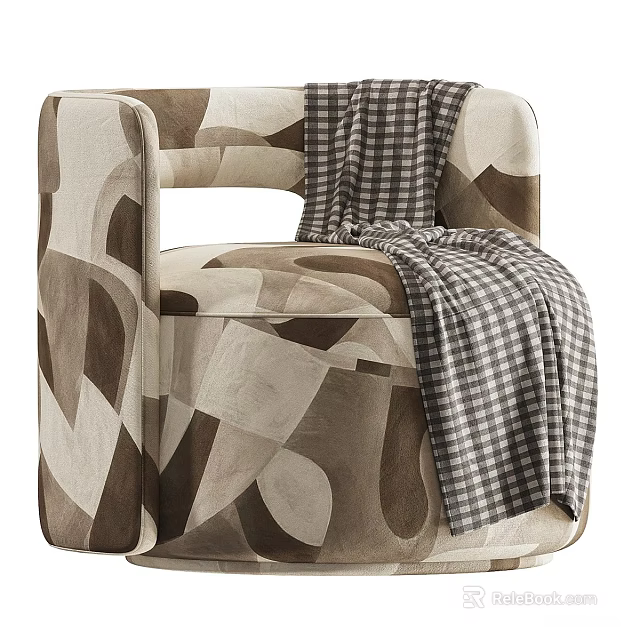 Modern Single Sofa with Geometric Pattern in Beige Brown and Plaid Blanket 3d model 