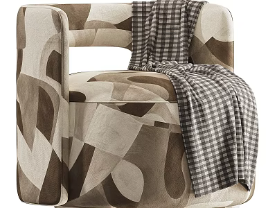 Modern Single Sofa with Geometric Pattern in Beige Brown and Plaid Blanket 3d model