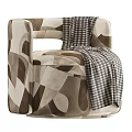 Modern Single Sofa with Geometric Pattern in Beige Brown and Plaid Blanket