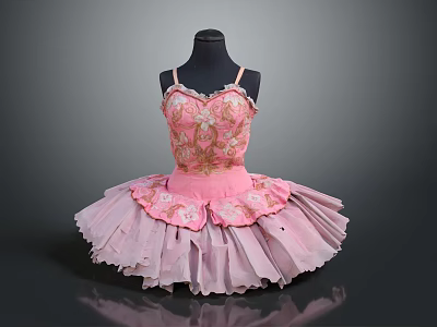 Pink Ballet Dress With Spaghetti Straps And Floral Patterns On Layered Fluffy Skirt 3d model