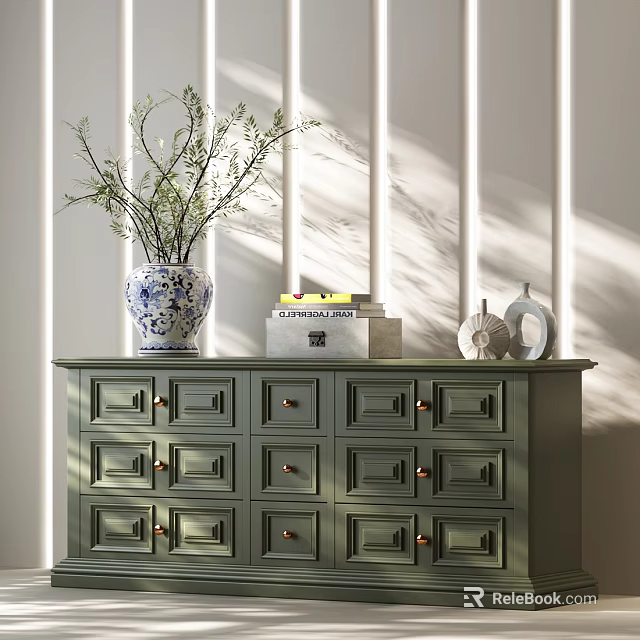Green Entryway Cabinet Sideboard With Blue And White Vase Branches Books Decorative Items 3d model 
