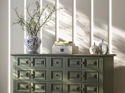 Green Entryway Cabinet Sideboard With Blue And White Vase Branches Books Decorative Items 3d model