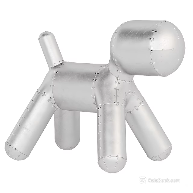 Modern Creative Silver Dog Shaped Stool With Metallic Surface And Riveted Design 3d model 