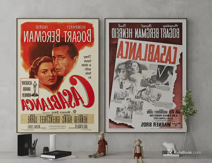 Vintage Movie Posters On Wall With Decorative Items And Room Interior 3d model 