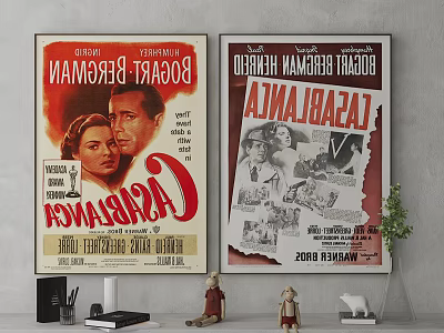 Vintage Movie Posters On Wall With Decorative Items And Room Interior 3d model